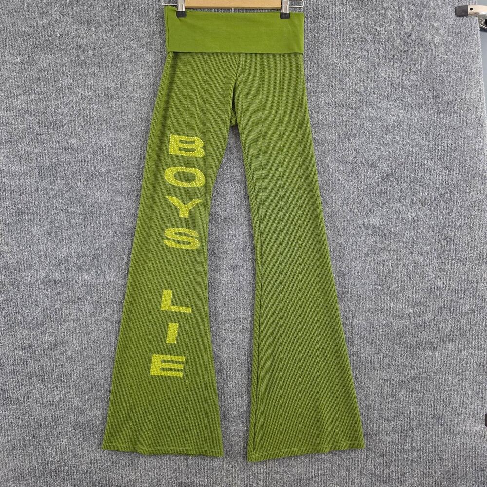 Boys Lie Pants Small Fold Over Ribbed Flare Green Logo Lounge Y2K Casual Grunge